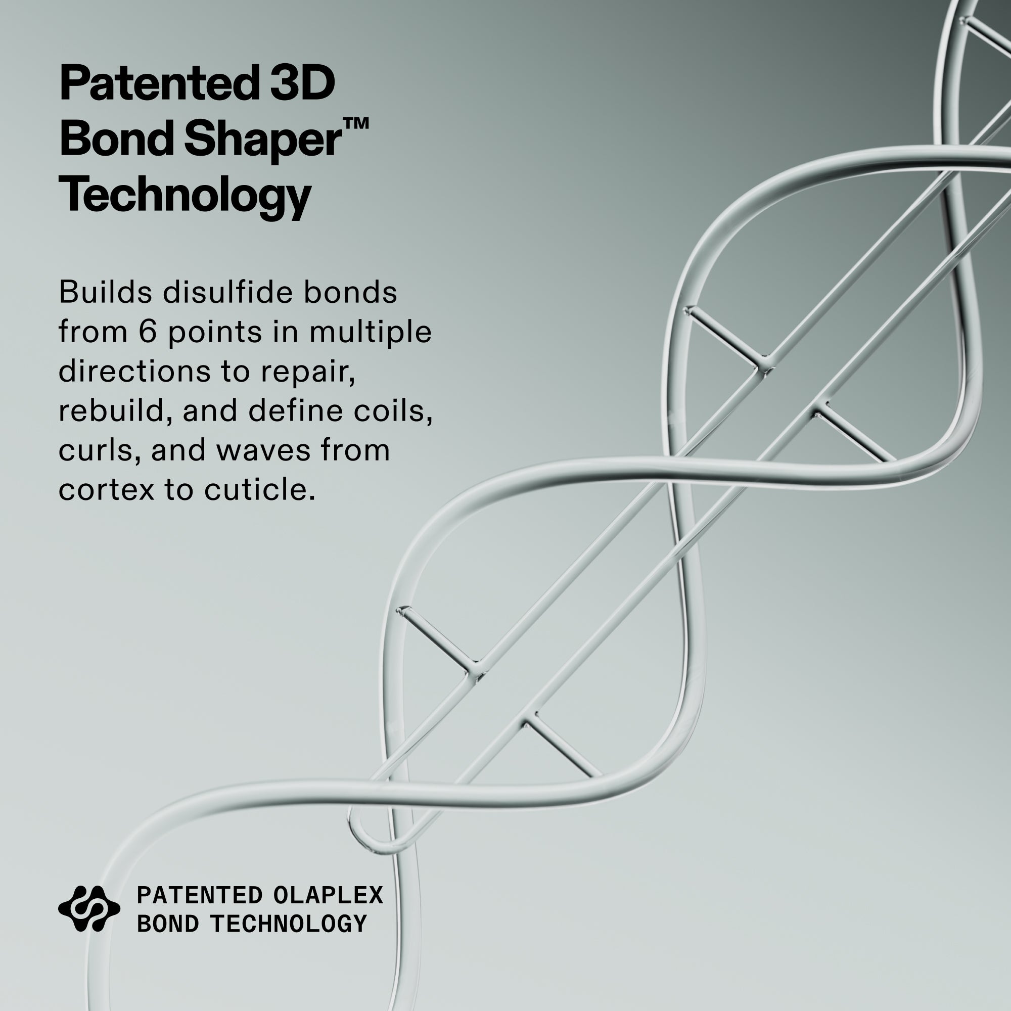 Illustrazione intitolata "Tecnologia brevettata Patented 3D Bond Shaper™". Il testo spiega che il prodotto costruisce legami disolfuro da 6 punti in diverse direzioni per riparare, ricostruire e definire riccioli, boccoli e onde, dalla corteccia alla cuticola. Un'illustrazione in 3D mostra una ciocca di capelli che viene riparata dalle molecole.