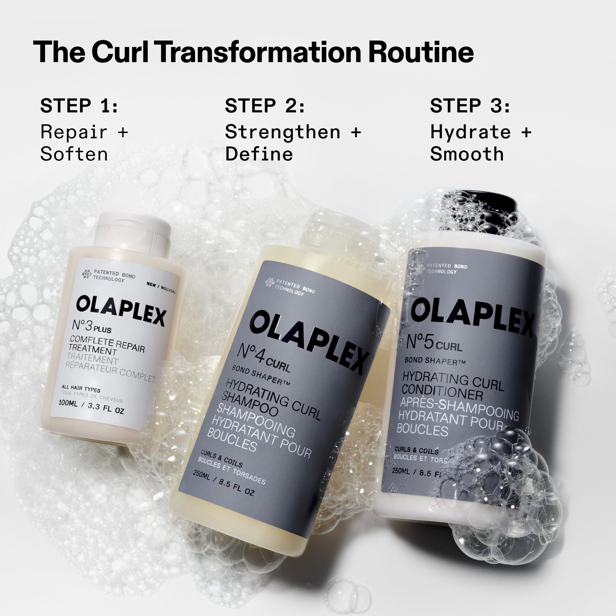 Infografica intitolata "La routine di trasformazione dei ricci" che mostra tre passaggi con prodotti. Passaggio 1: Riparare e ammorbidire utilizzando No.3Plus Complete Repair Treatment. Passaggio 2: Rinforzare e definire utilizzando No.4CURL Bond Shaper Hydrating Curl Shampoo. Passaggio 3: Idratare e levigare utilizzando No.5CURL Bond Shaper Hydrating Curl Conditioner. I flaconi sono raffigurati immersi in bolle di sapone.