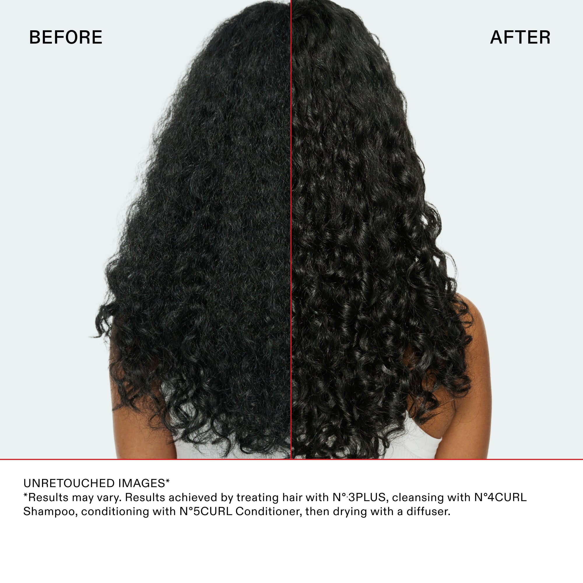 Vista posteriore di capelli lunghi e ricci con confronto prima e dopo. Il lato "Prima" mostra capelli con un notevole effetto crespo e ricci meno definiti. Il lato "Dopo" mostra ricci uniformi, ben definiti e lucenti, con una sana elasticità. Testo in basso: IMMAGINI NON RITOCCATE. Risultati ottenuti trattando i capelli con N°.3PLUS, detergendo con N°.4CURL Shampoo, applicando N°.5CURL Conditioner, quindi asciugando con un diffusore.