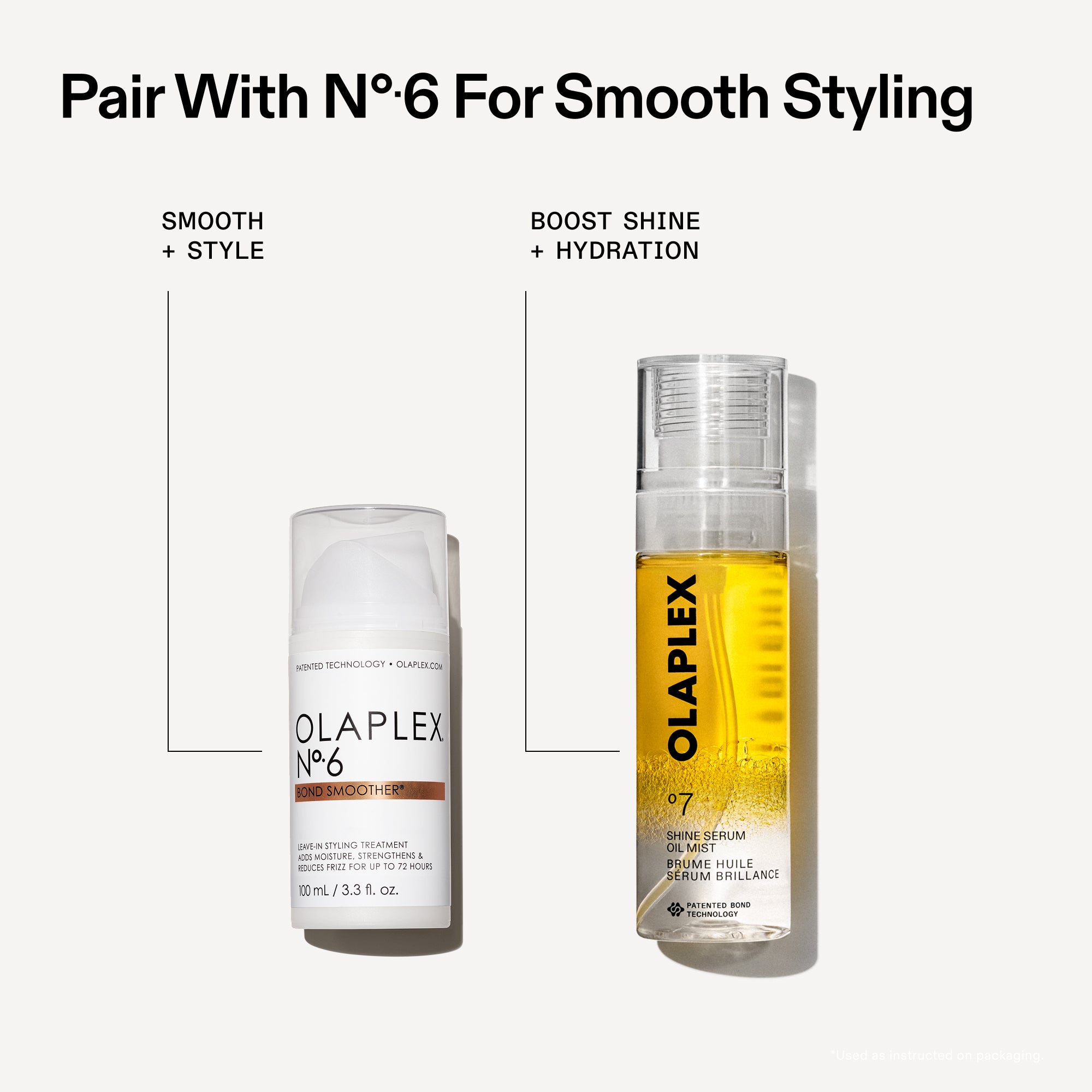 Un'immagine che illustra l'abbinamento del prodotto con l'intestazione "Abbinalo a Nº.6 per capelli setosi". Mostra due flaconi affiancati su uno sfondo grigio chiaro: Olaplex Nº.6 Bond Smoother (con l'etichetta "SETOSITÀ + STYLING") e Olaplex Nº.7 Shine Serum Oil Mist (con l'etichetta "LUCENTEZZA EXTRA + IDRATAZIONE"). Sottili linee nere indicano i rispettivi flaconi dalle etichette.