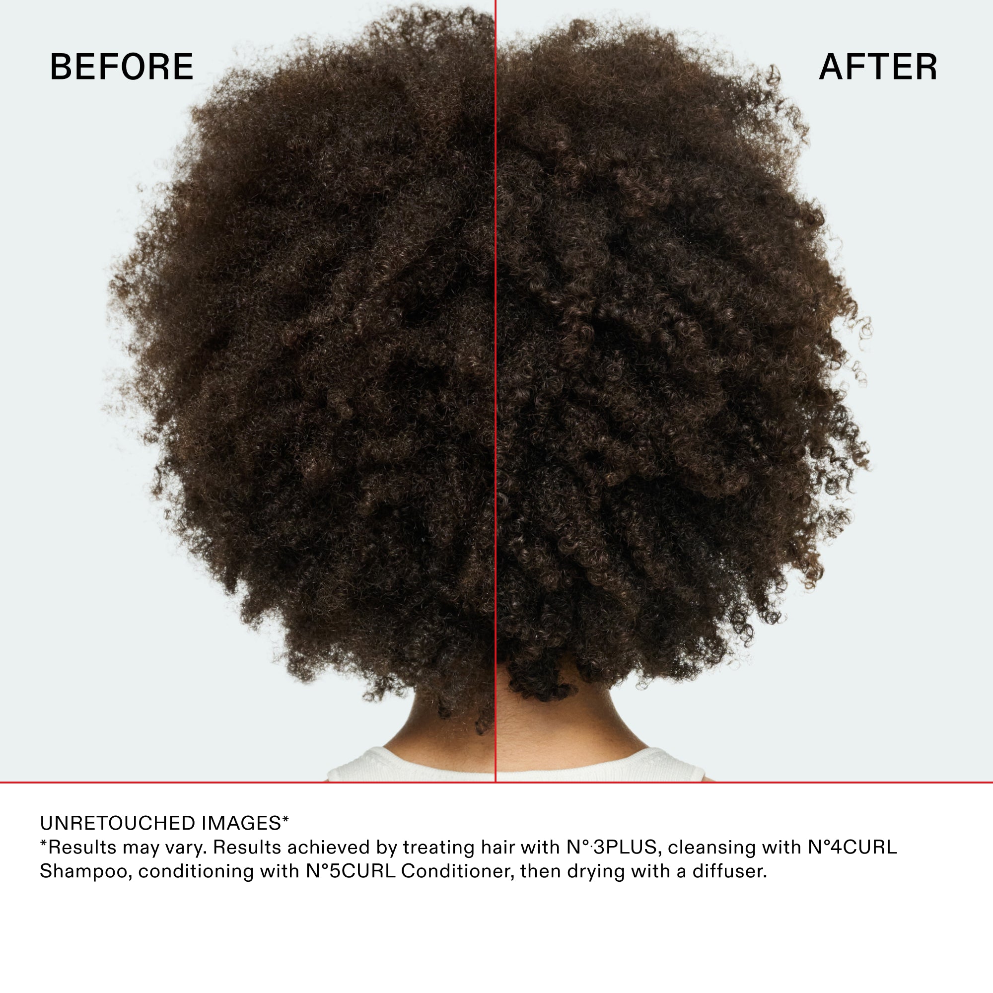 Vista posteriore di capelli ricci con confronto prima e dopo. La foto "Prima" mostra capelli meno definiti e visibilmente crespi. La foto "Dopo" mostra ricci ben definiti, voluminosi e idratati. Testo in basso: IMMAGINI NON RITOCCATE. Risultati ottenuti trattando i capelli con Nº.3PLUS, detergendo con Nº.4CURL e applicando Nº.5CURL, seguiti dall'asciugatura con diffusore.