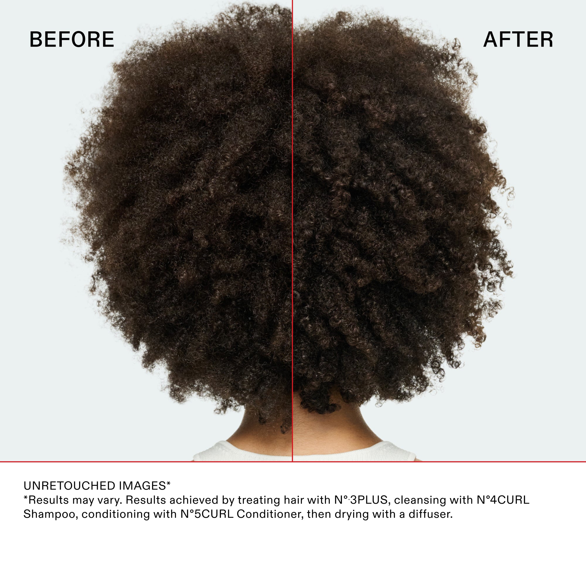 Vista posteriore prima/dopo di capelli ricci divisi da una linea rossa. Il "prima" mostra una texture indefinita e un evidente effetto crespo. Il "dopo" mostra ricci ben definiti, idratati e strutturati. Testo: IMMAGINI NON RITOCCATE. Risultati ottenuti utilizzando Nº.3PLUS, Nº.4CURL Shampoo e Nº.5CURL Conditioner, quindi asciugando con un diffusore. L'immagine mostra un significativo miglioramento nella definizione e idratazione dei ricci.