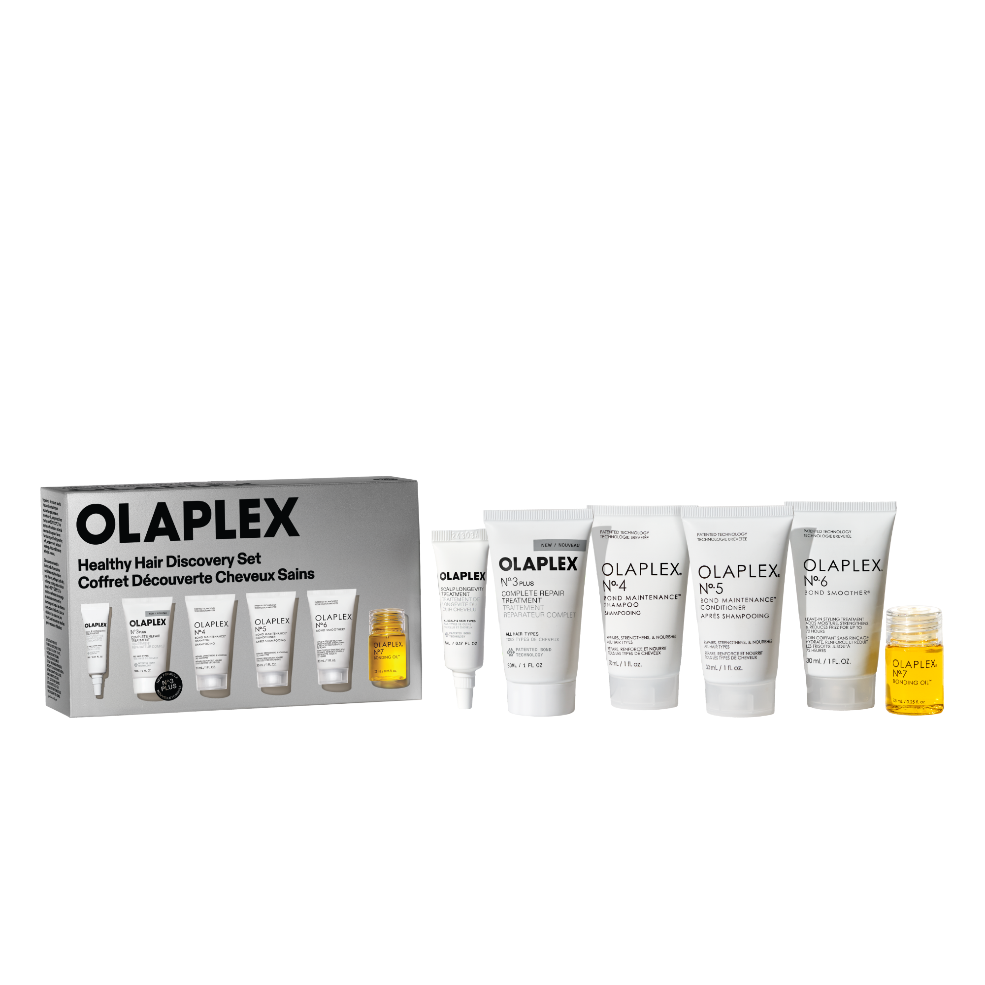 Un'immagine prodotto del set Healthy Hair Discovery di Olaplex su uno sfondo trasparente a scacchiera. A sinistra c'è la scatola del prodotto, e a destra sono disposti cinque tubi bianchi di dimensioni da viaggio (N°.3, N°.4, N°.5, N°.6, e un tubo più piccolo) accanto a una piccola bottiglia trasparente di Bonding Oil N°.7 riempita di liquido giallo.