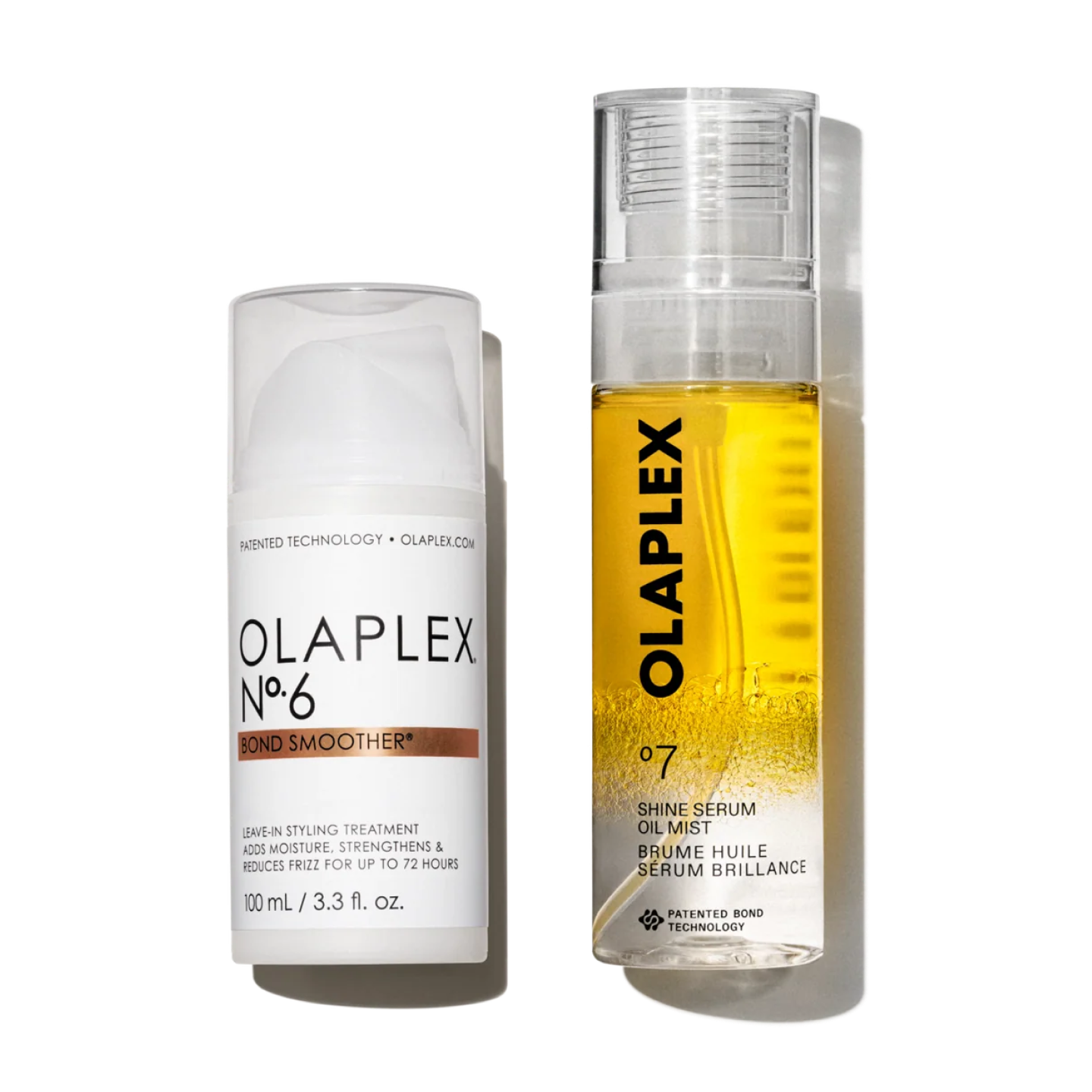 Due prodotti per capelli Olaplex sono affiancati su uno sfondo bianco e pulito. A sinistra c'è Olaplex No.6 Bond Smoother, un flacone bianco con dosatore e tappo trasparente. A destra c'è un flacone leggermente più alto di Olaplex No.7 Shine Serum Oil Mist, un flacone spray trasparente che lascia intravedere al suo interno un liquido di un vivace giallo dorato. Entrambi i flaconi presentano il classico design minimalista del marchio con scritte nere ben definite.