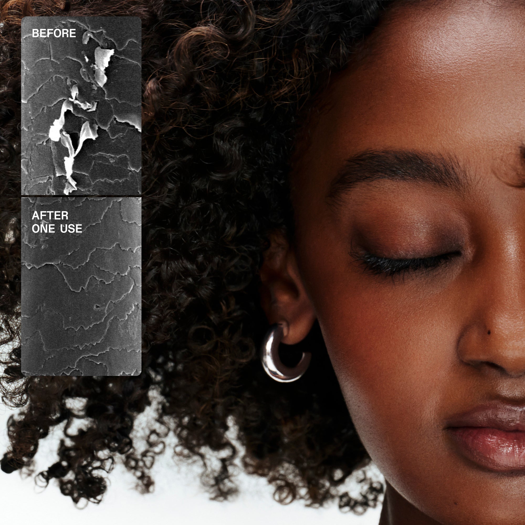 Testo del contenuto
Il documento contiene un confronto microscopico affiancato di una ciocca di capelli:

PRIMA: mostra una cuticola danneggiata con sollevamento e rottura.

DOPO UN SOLO UTILIZZO: mostra una cuticola significativamente più liscia e riparata.