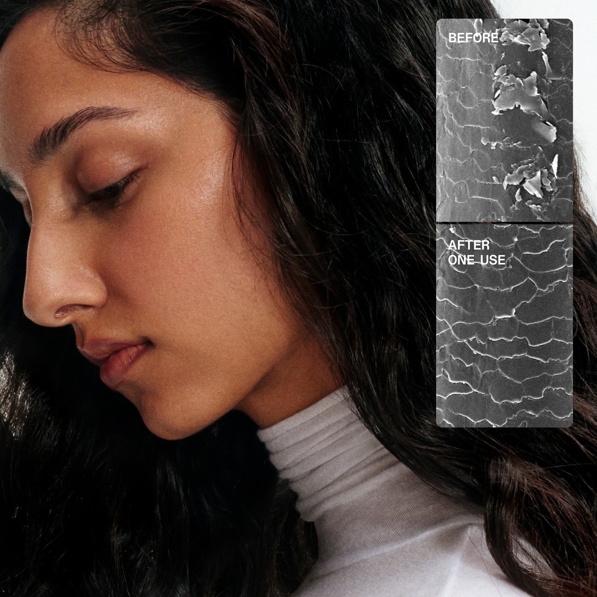 Testo del contenuto
Il documento contiene un confronto microscopico affiancato di una ciocca di capelli:

PRIMA: mostra una cuticola danneggiata con sollevamento e rottura.

DOPO UN SOLO UTILIZZO: mostra una cuticola significativamente più liscia e riparata.