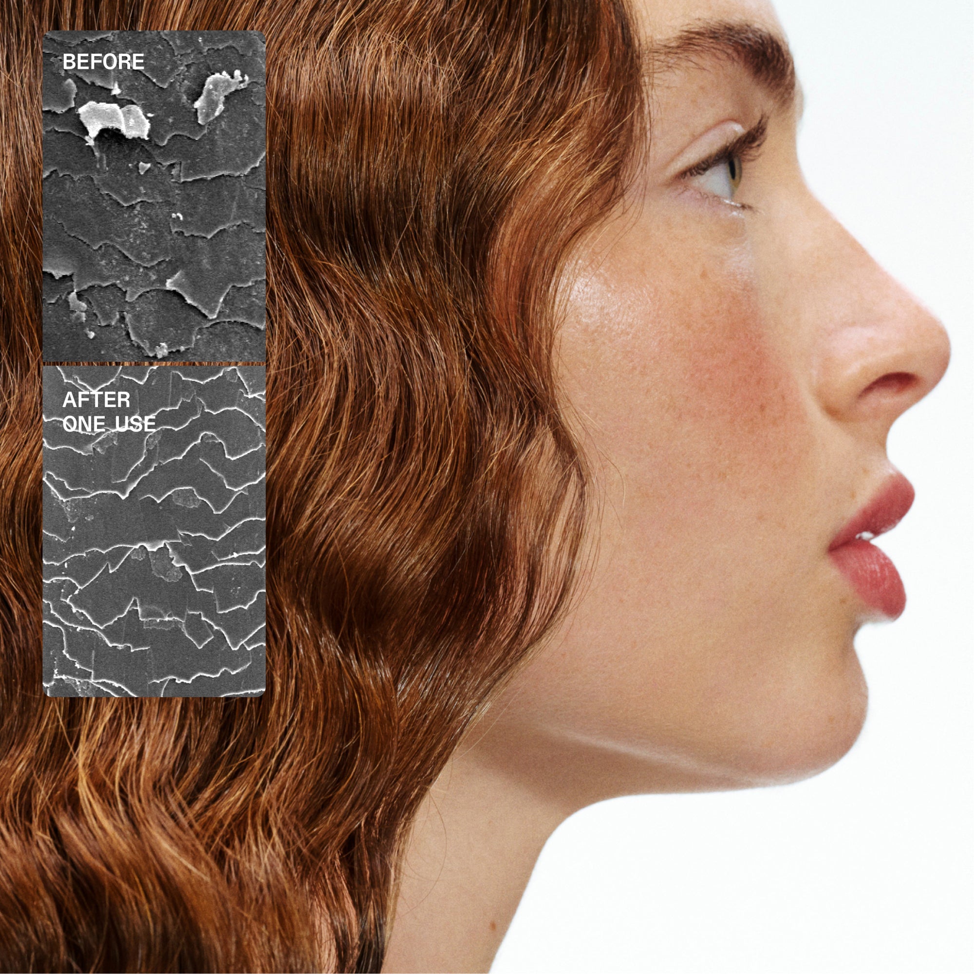 Image Content Text
The image contains a side-by-side microscopic comparison of a hair strand:

BEFORE: Shows a damaged hair cuticle with lifting and breakage.

AFTER ONE USE: Shows a significantly smoother and repaired hair cuticle.