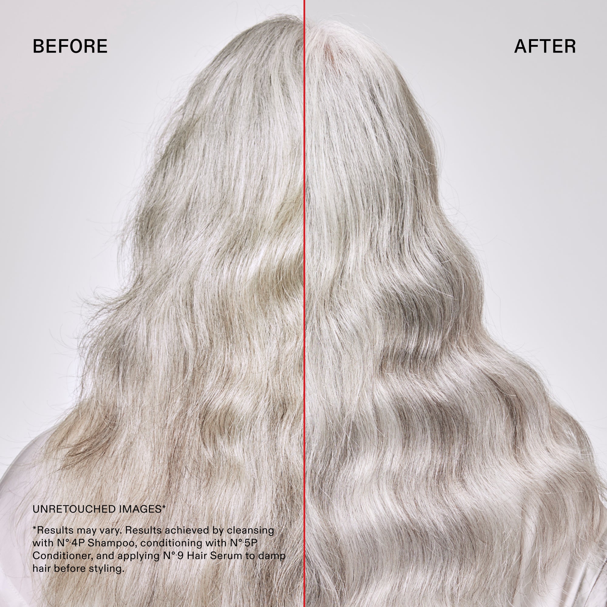 A split-screen before and after comparison of a person's long, wavy hair from behind, divided by a vertical red line. The left half shows brassy, yellow-toned blonde hair labeled "BEFORE." The right half shows bright, cool-toned platinum blonde hair labeled "AFTER." In the bottom left corner, small text reads "UNRETOUCHED IMAGES*.
