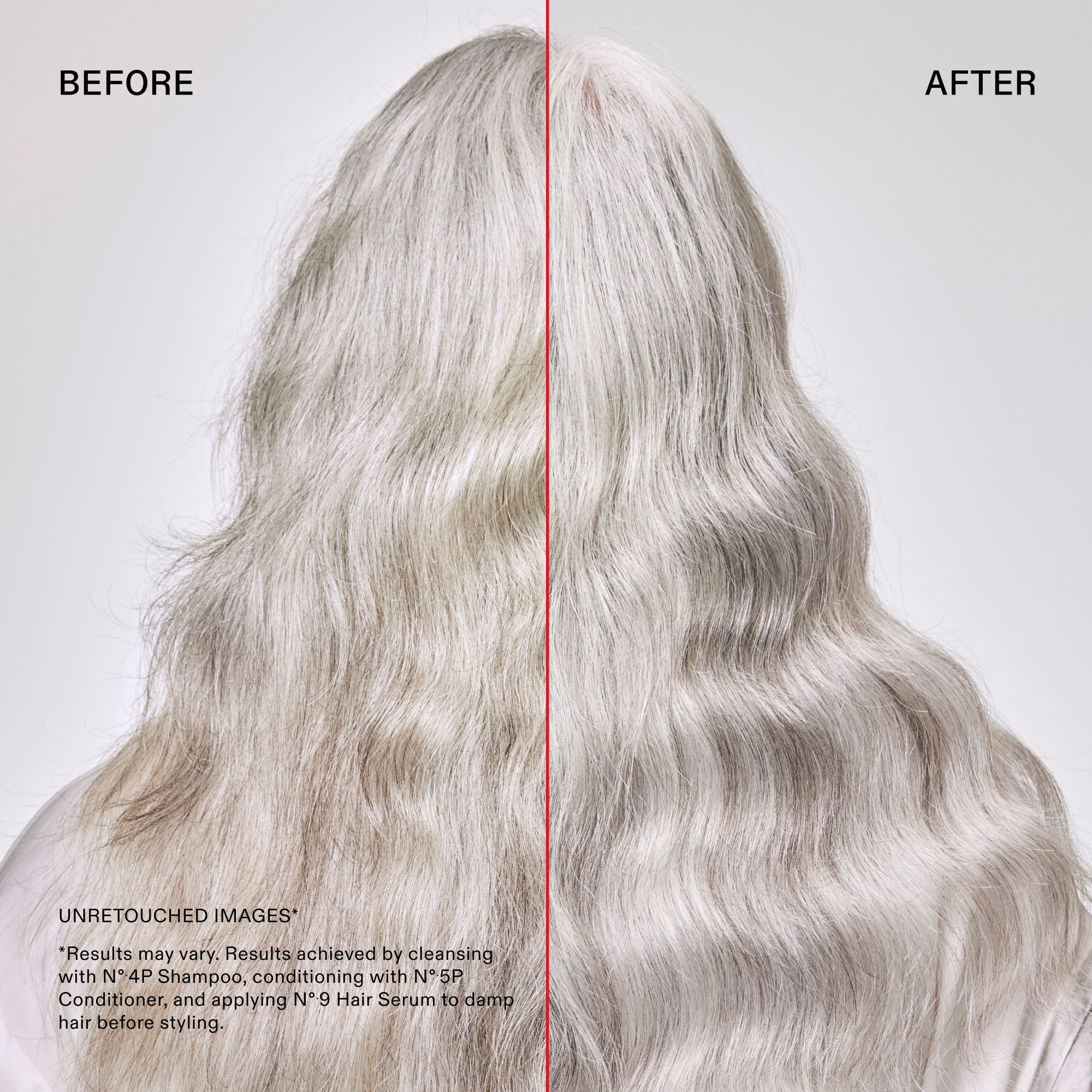 A split-screen before and after comparison of a person's wavy, light platinum hair from behind, divided by a vertical red line. The left half shows slightly warmer-toned blonde waves labeled "BEFORE." The right half shows highly brightened, cool-toned platinum blonde waves labeled "AFTER." Small text in the bottom left corner reads "UNRETOUCHED IMAGES*".