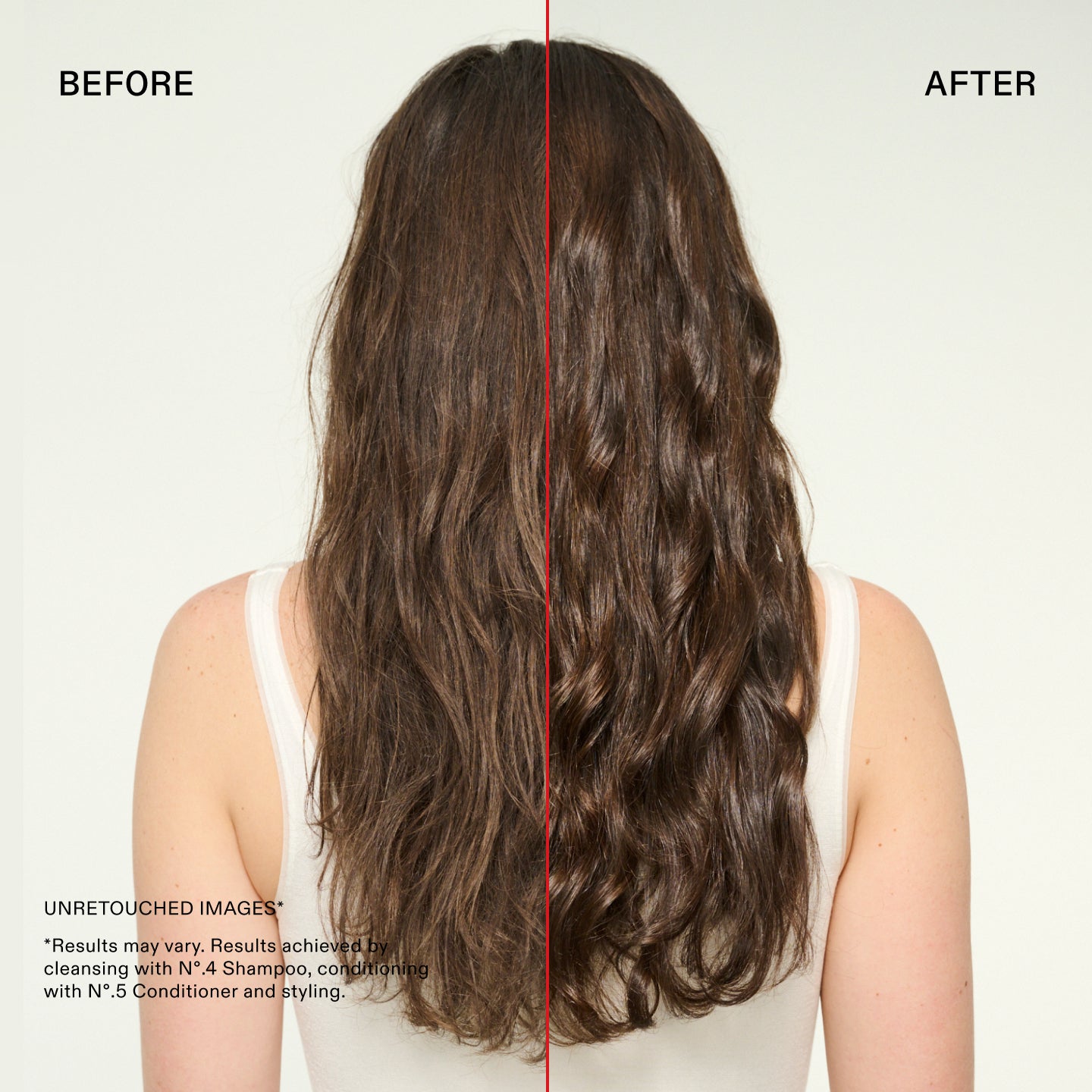 Prima e dopo N°.5 Bond Maintenance™ Strengthening Conditioner 

IMMAGINI NON RITOCCATE*

*I risultati possono variare. Risultati ottenuti tramite
detersione con N°.4 Shampoo, applicazione di
N°.5 Conditioner e messa in piega.