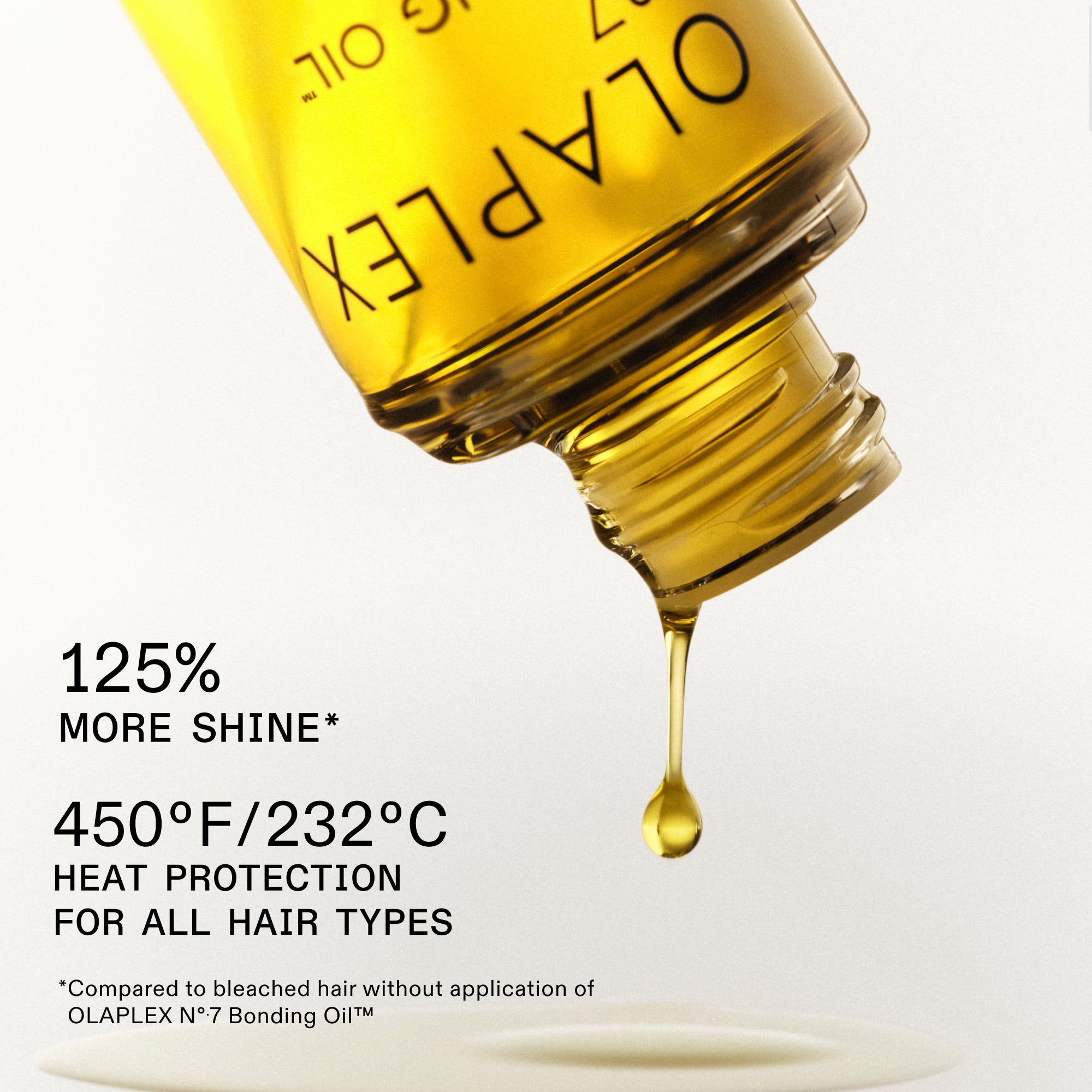 125% DI LUCENTEZZA IN PIÙ*
450°F / 232°C PROTEZIONE TERMICA PER TUTTI I TIPI DI CAPELLI

*Rispetto ai capelli decolorati senza applicazione di OLAPLEX N° 7 Bonding Oil™