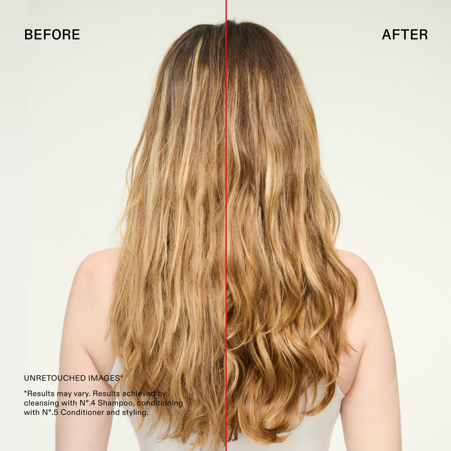 Prima e dopo di N°.5 Bond Maintenance™ Strengthening Conditioner 

IMMAGINI NON RITOCCATE*

"I risultati possono variare. Risultati ottenuti tramite
detersione con N°.4 Shampoo, applicazione di
N°.5 Conditioner e messa in piega.