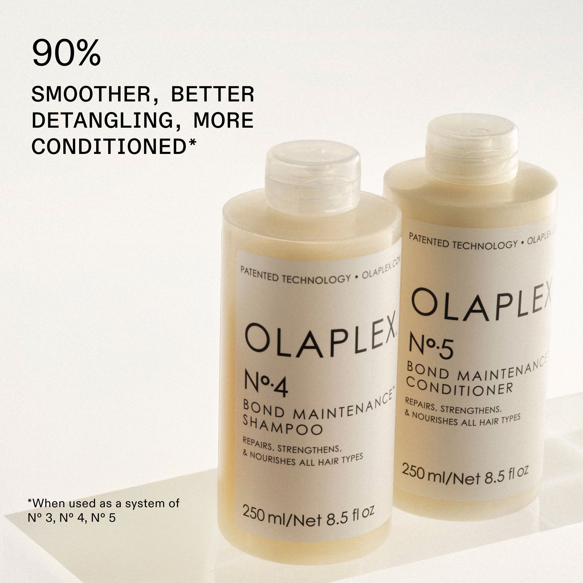 Capelli del 90% più lisci, migliore effetto districante, più condizionati*

OLAPLEX Nº.4 BOND MAINTENANCE® SHAMPOO e OLAPLEX Nº.5 BOND MAINTENANCE® Conditioner accanto ad esso