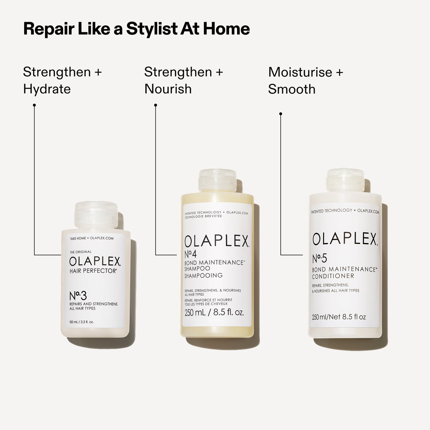 Repair Like a Stylist at Home

No.3: Strengthen + Hydrate
No. 4: Strengthen + Nourish
No. 5: Moisturize + Smooth

