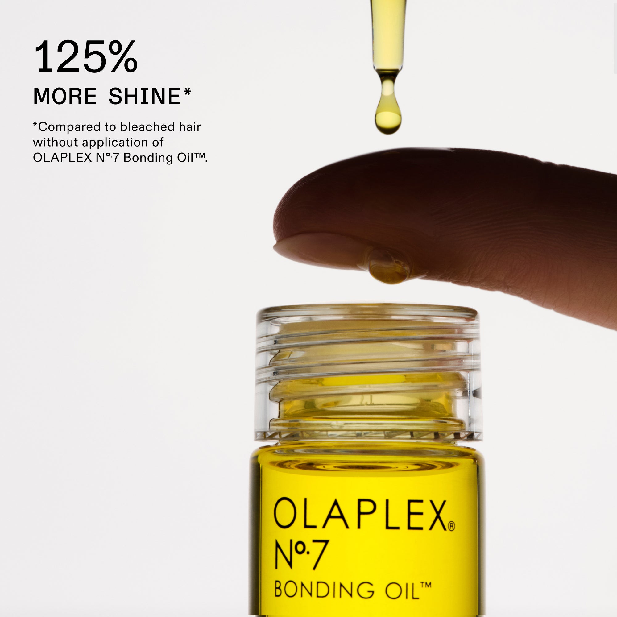 Una presentazione delle caratteristiche di un prodotto Olaplex su uno sfondo bianco e pulito. A sinistra, un testo nero in grassetto recita "125% PIÙ LUCENTEZZA*", con una nota a piè di pagina più piccola sotto. A destra, un primo piano mostra una goccia di olio giallo che cade da un contagocce trasparente sulla punta di un dito. Posizionata direttamente sotto c'è una bottiglia di vetro trasparente di "OLAPLEX N°.7 BONDING OIL™" riempita con un liquido giallo acceso.