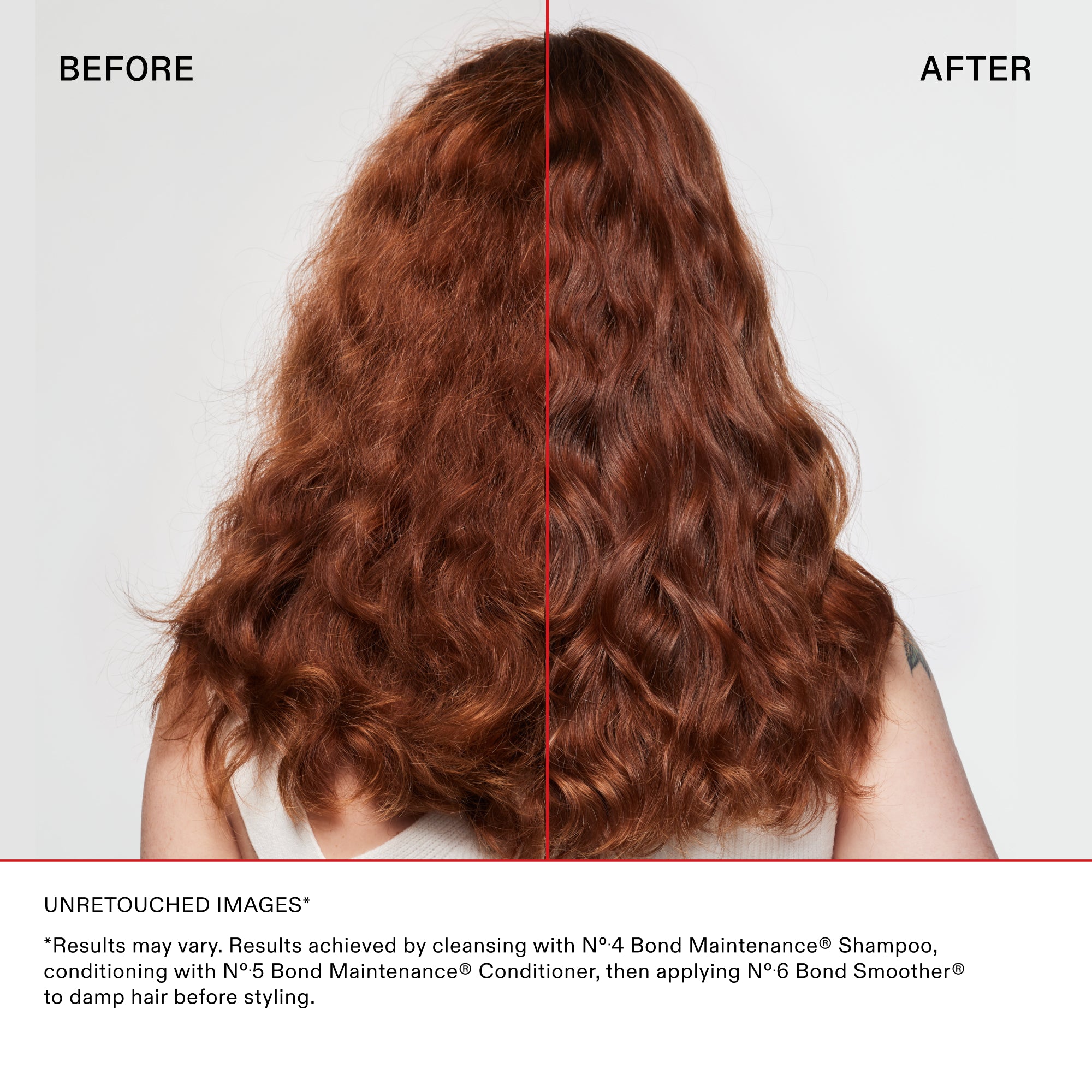 A split-screen before-and-after comparison of a person's wavy, shoulder-length brown hair, viewed from behind and divided by a vertical red line. The left side is labeled "BEFORE" and shows frizzier, less defined waves. The right side is labeled "AFTER" and shows smoother, shinier, and more defined waves. Bold black text at the bottom reads "UNRETOUCHED IMAGES*" followed by a small-print product disclaimer.