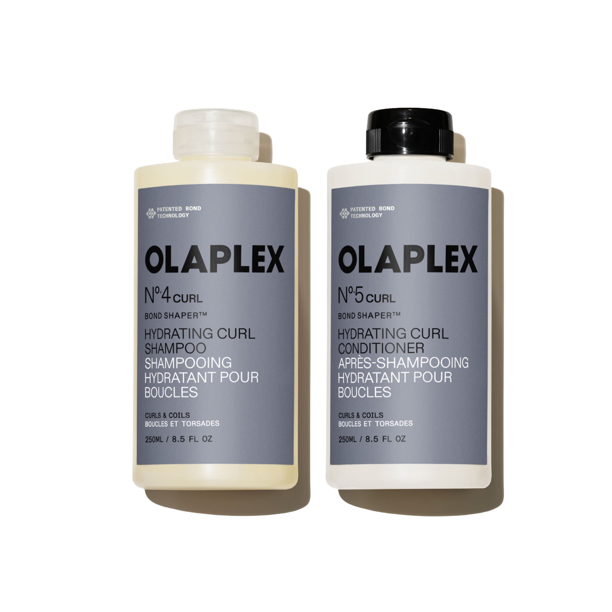 OLAPLEX Nº.4CURL Hydrating Curl Shampoo e Nº.5CURL Hydrating Curl Conditioner 250ML duo su sfondo trasparente.