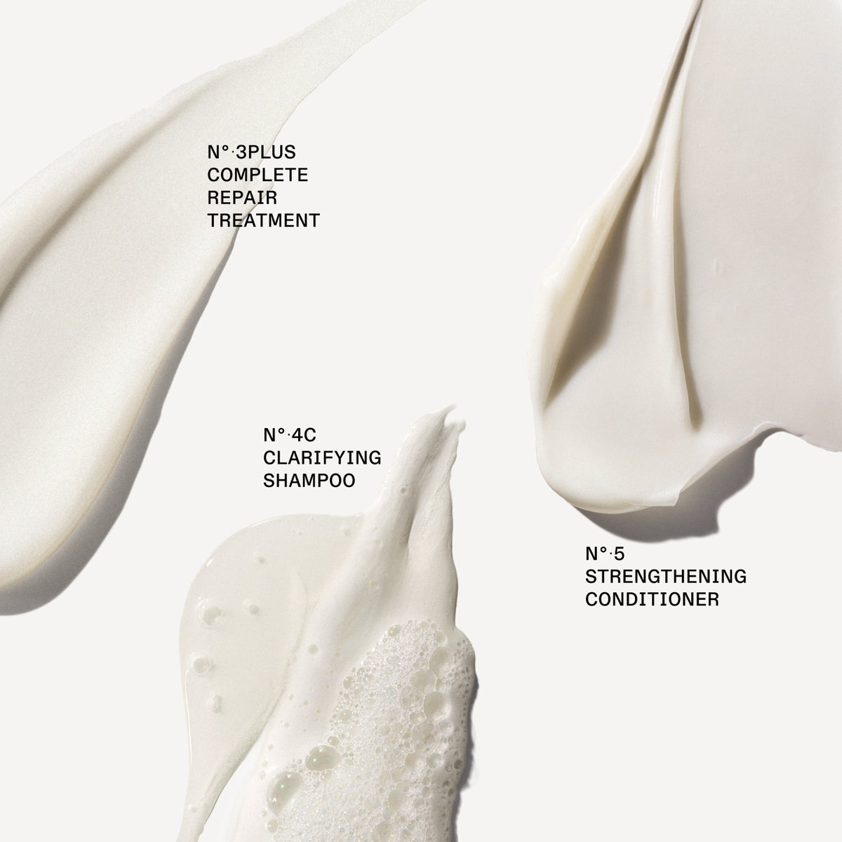 N°. 3PLUS
COMPLETO
RIPARA
TRATTAMENTO
N° •4C
PURIFICANTE
SHAMPOO
N°.5
RINFORZANTE
CONDITIONER
