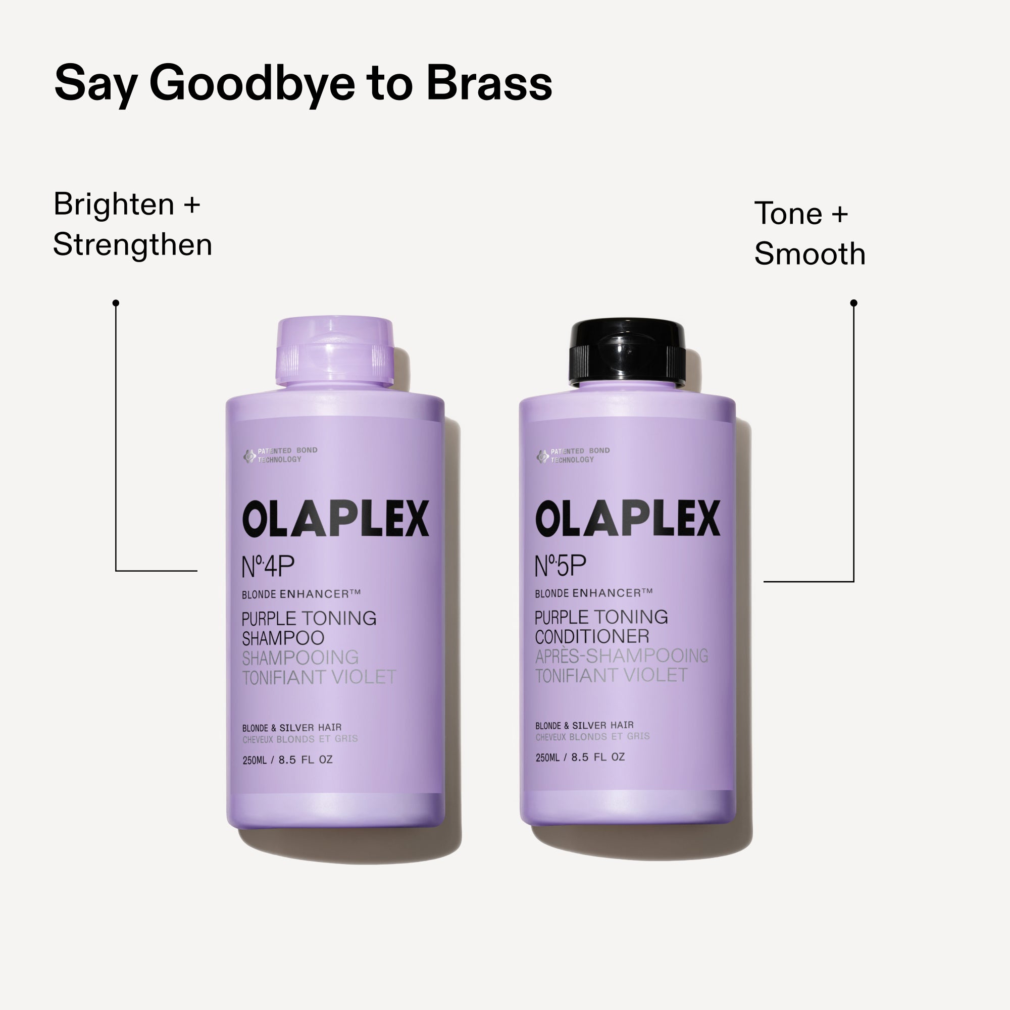 Olaplex infographic titled "Say Goodbye to Brass" on a light background. It features two purple-tinted, one-liter bottles side-by-side with black pump dispensers. A line points from the left bottle, No. 4P Purple Toning Shampoo, to the text "Brighten + Strengthen." A second line points from the right bottle, No. 5P Purple Toning Conditioner, to the text "Tone + Smooth.