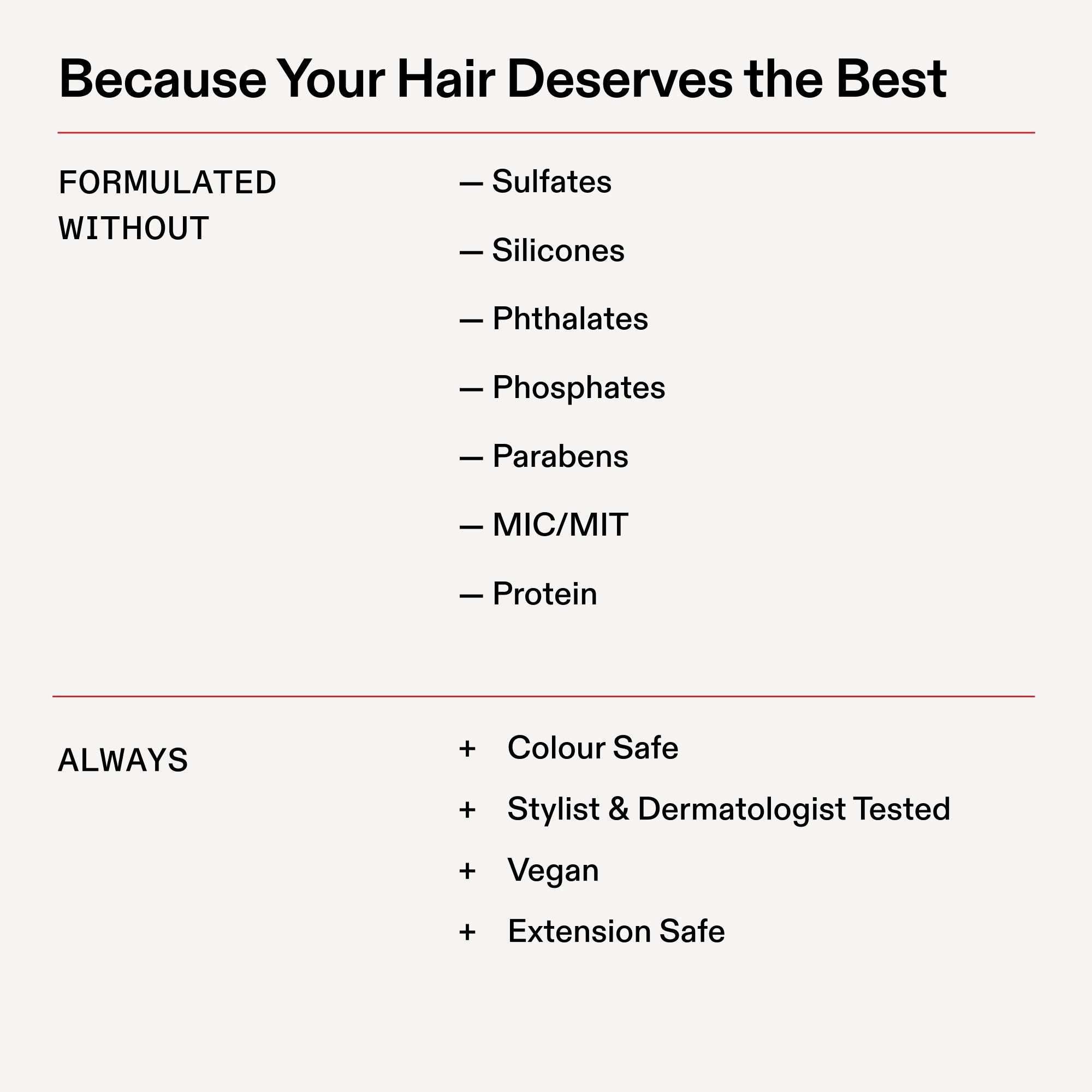 Perché i tuoi capelli meritano il meglio
FORMULATO
SENZA
- Solfati
- Siliconi
- Ftalati
- Fosfati
- Parabeni
- MIC/MIT
- Proteina
SEMPRE
+ Sicuro sui capelli colorati
+ Testato da hair stylist e dermatologi
+ Vegano
+ Sicuro sulle extension