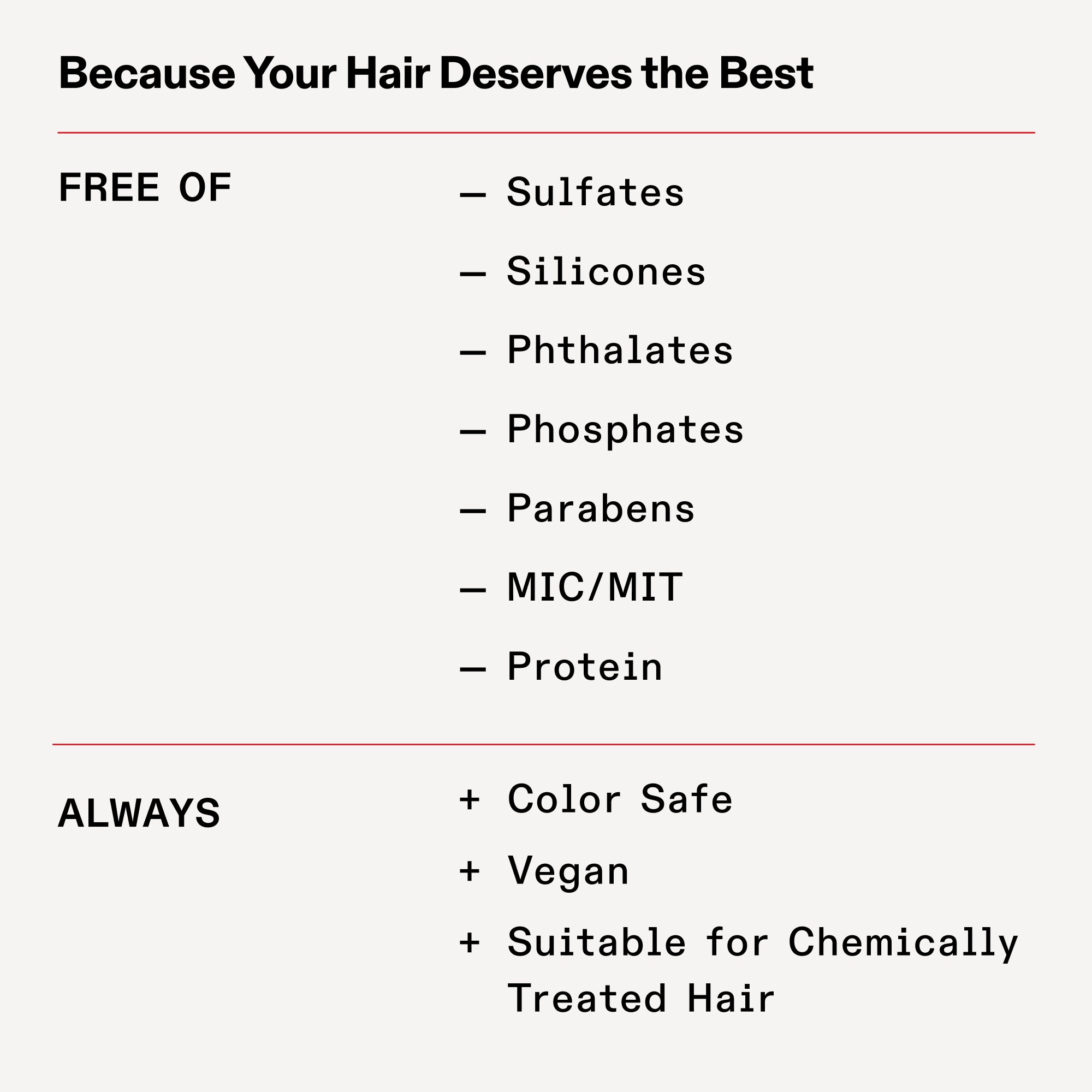 SENZA:

Solfati

Siliconi

Ftalati

Fosfati

Parabeni

MIC/MIT

Proteina

Ed è SEMPRE:

Protezione del colore

Vegano

Adatto ai capelli trattati chimicamente