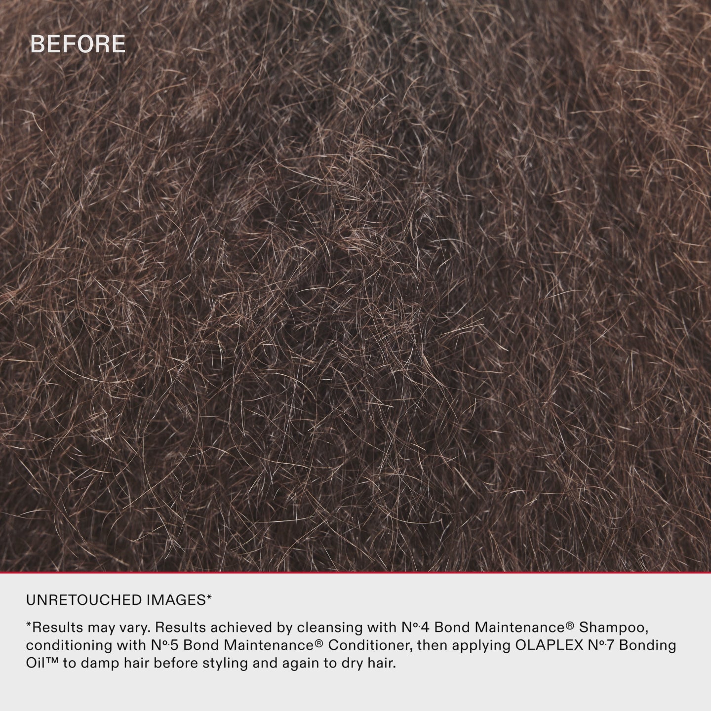 UNRETOUCHED IMAGES*
*Results may vary. Results achieved by cleansing with No.4 Bond Maintenance® Shampoo, conditioning with No.5 Bond Maintenance® Conditioner, then applying OLAPLEX N°.7 Bonding Oil™ to damp hair before styling and again to dry hair.